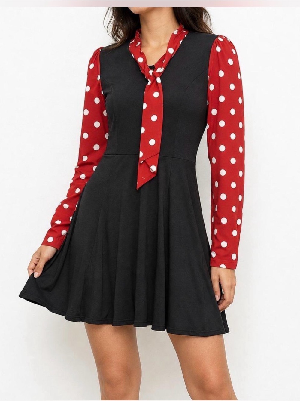 Black Fit-and-Flare Dress with Red Polka Dot Sleeves and Tie with pockets